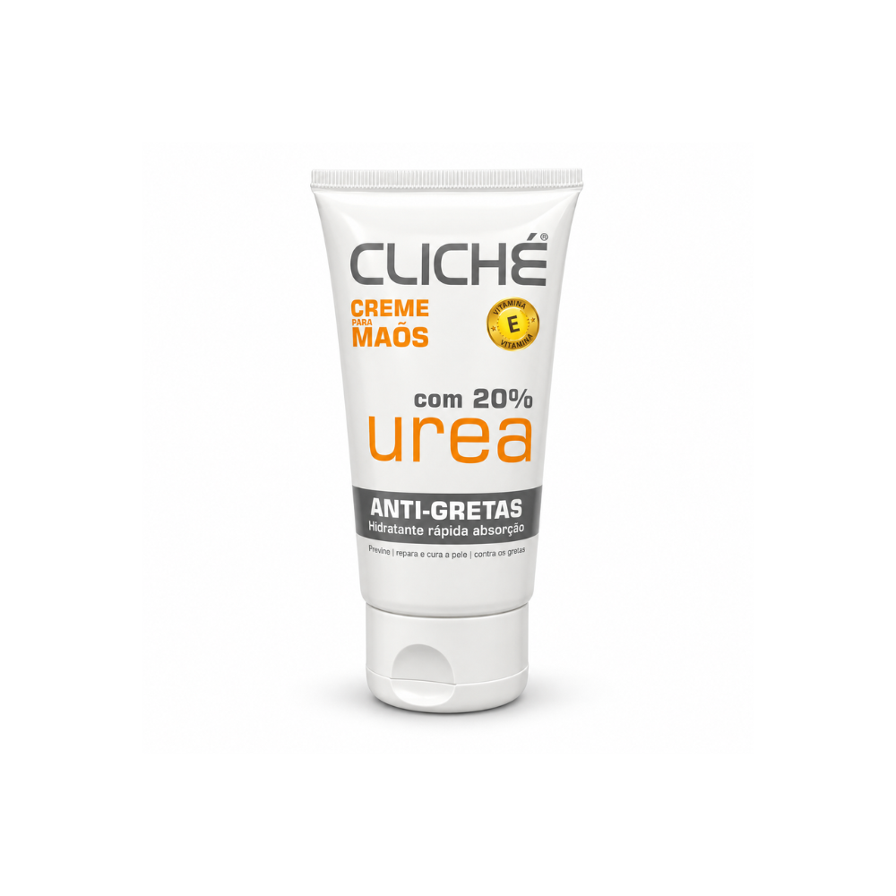 Cliché Creme de Mãos e Unhas com Ureia – 50 ml | Ref.791796 Frasco branco de creme para mãos CLICHÉ com 20% ureia e vitamina E