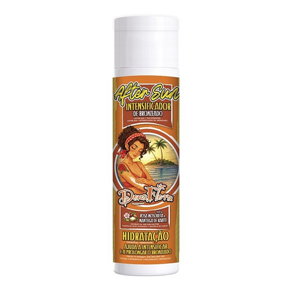 Dona Flora After Sun Intensificador de Bronzeado – 250ml | Ref.423156 Frasco de After Sun Intensificador de Bronzeado Dona Flora com ilustração de mulher e praia