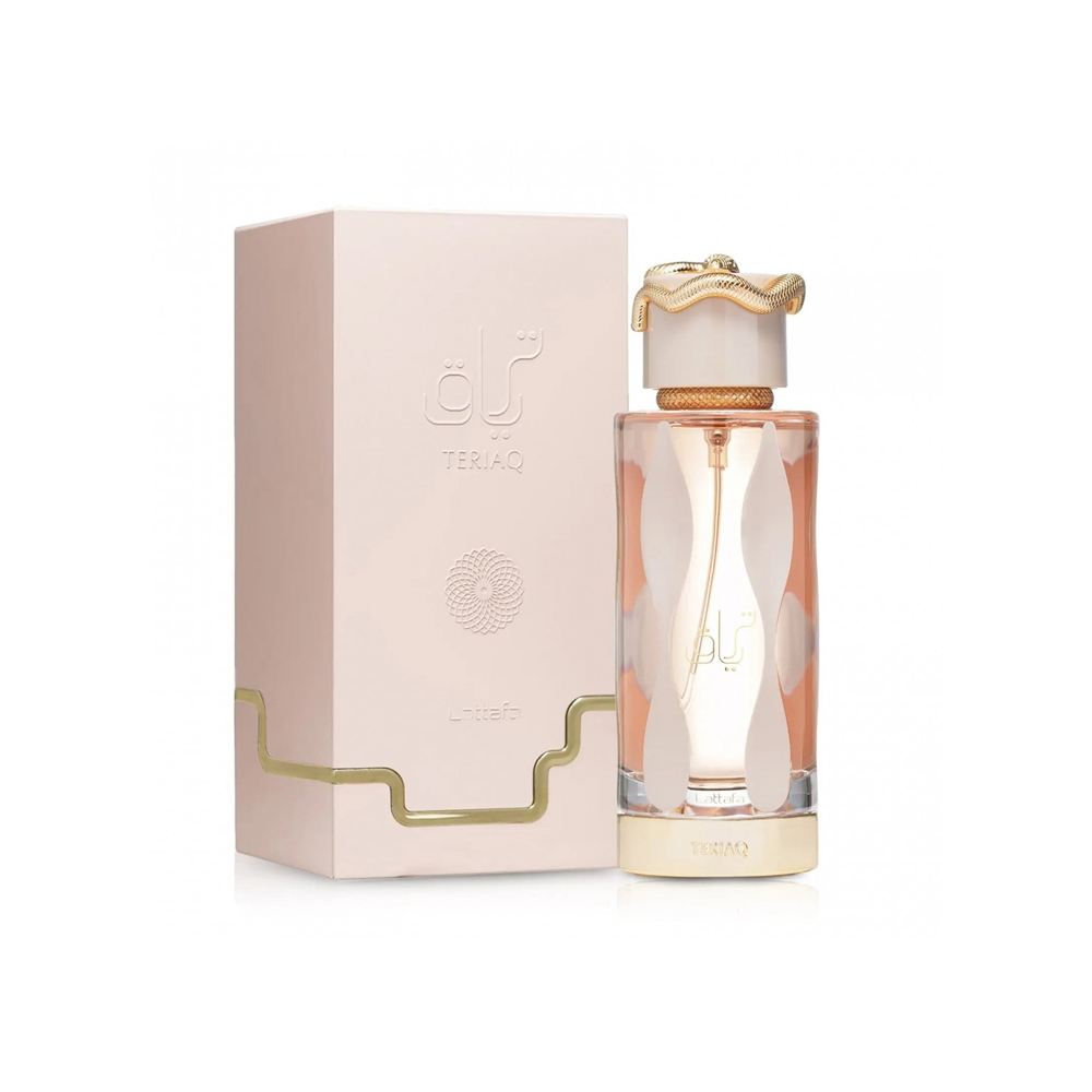 Lattafa Teriaq Eau De Parfum 100ml | Ref: 595764 Frasco de perfume rosa claro com embalagem retangular e detalhes dourados