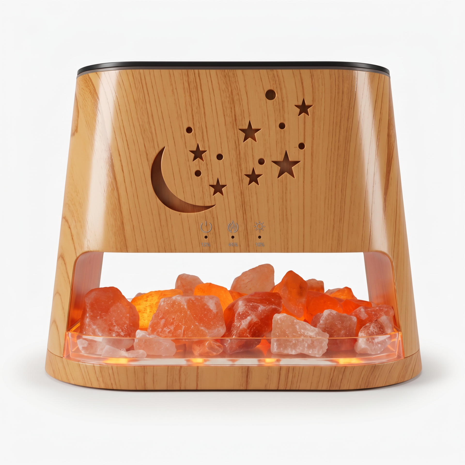 Difusor de Aroma – Ambiente Perfumado e Relaxante | Ref.864472 Difusor de aroma de madeira clara com recortes de lua e estrelas e pedras de sal iluminadas