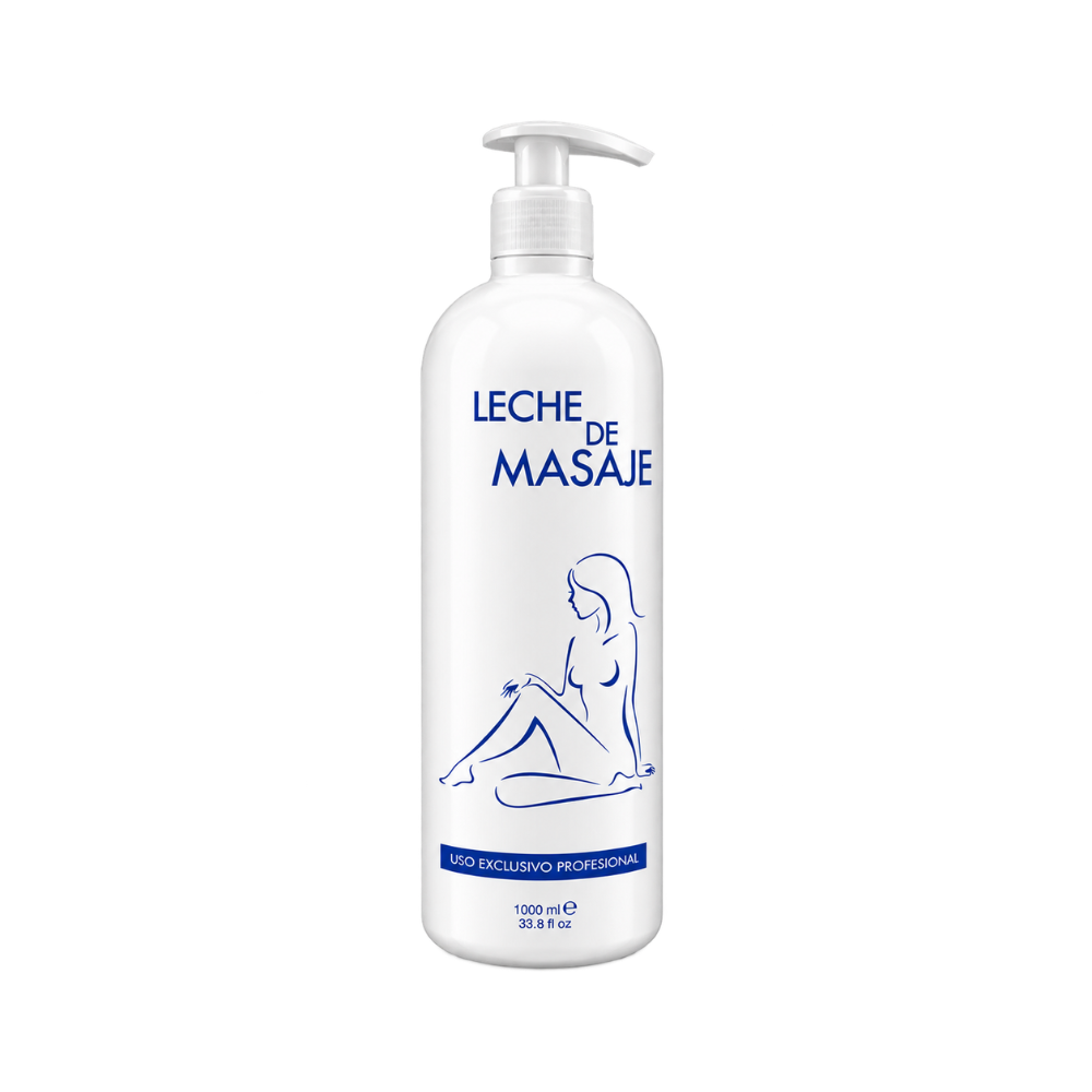 Leite de Massagem – 1000 ml | Ref.411318 Frasco branco de leite de massagem com texto azul e desenho de mulher sentado