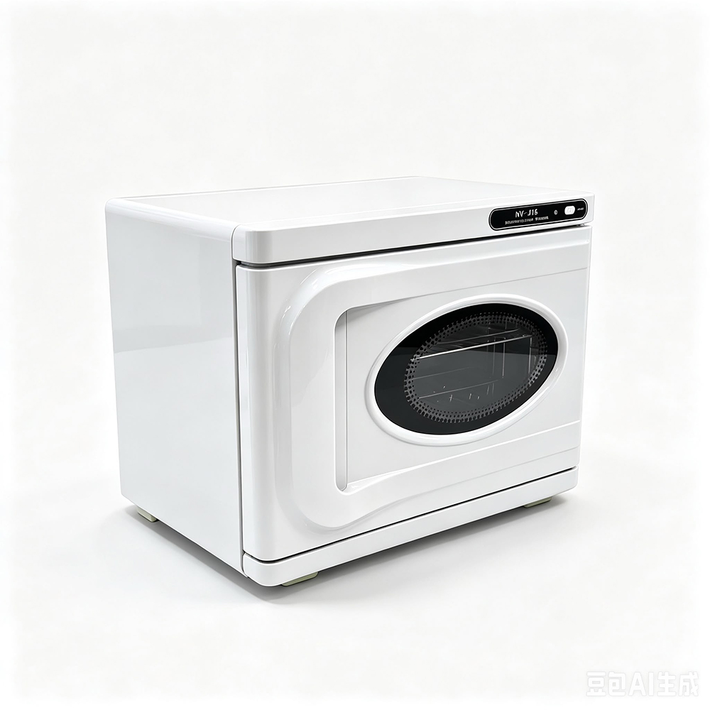 Aquecedor de Toalhas Compacto de Bancada | Ref.216A Forno micro-ondas branco com porta oval e painel de controlo no canto superior direito.