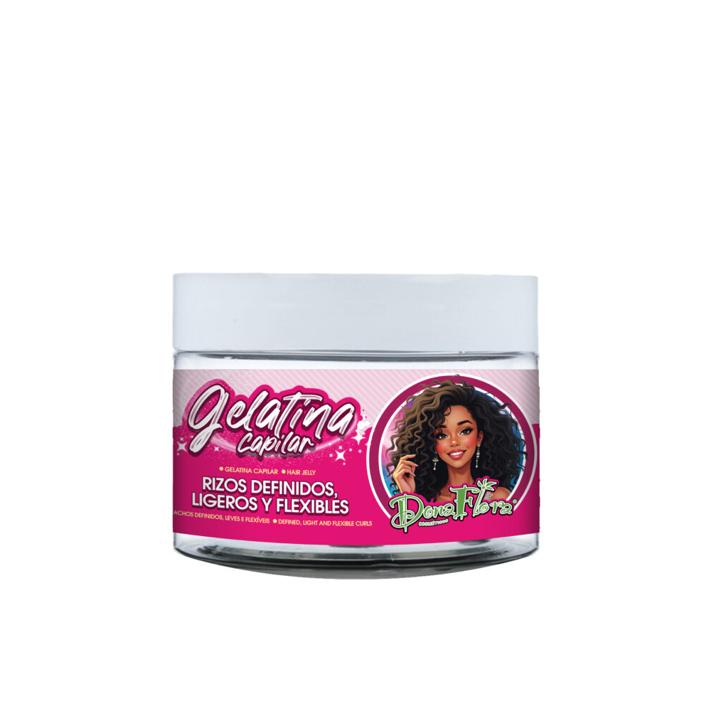 Dona Flora Gelatina Capilar Magic Curls – 500ml | Ref 422524 Frasco de gelatina capilar com rótulo rosa e ilustração de mulher cacheada
