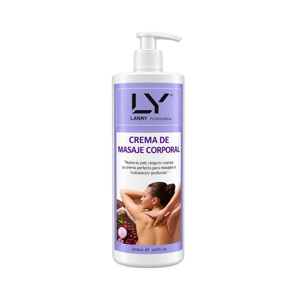 Creme de Massagem Corporal de Lavanda – 1000 ml | Ref.411530 Frasco branco de creme de massagem corporal com etiqueta roxa e imagem de mulher a receber massagem.