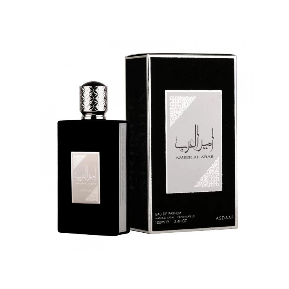 Asdaaf Ameer Al Arab Eau De Parfum 100ml | Ref: 456348 Frasco de perfume preto com caixa preta e rótulo prateado