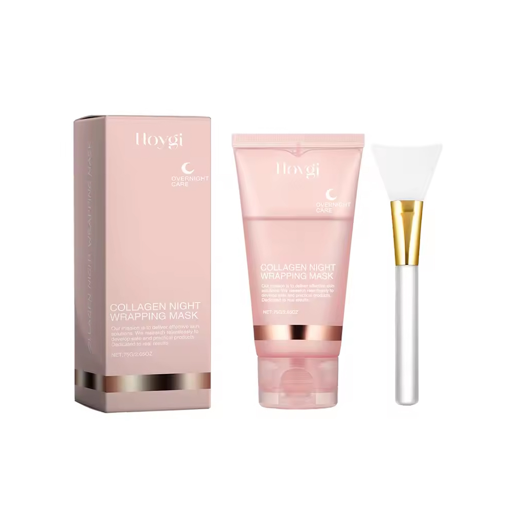 Máscara Facial Noturna HOYGI de Colágeno | Ref.A160-1-PK1 Máscara facial de colagénio com embalagem rosa e aplicador branco