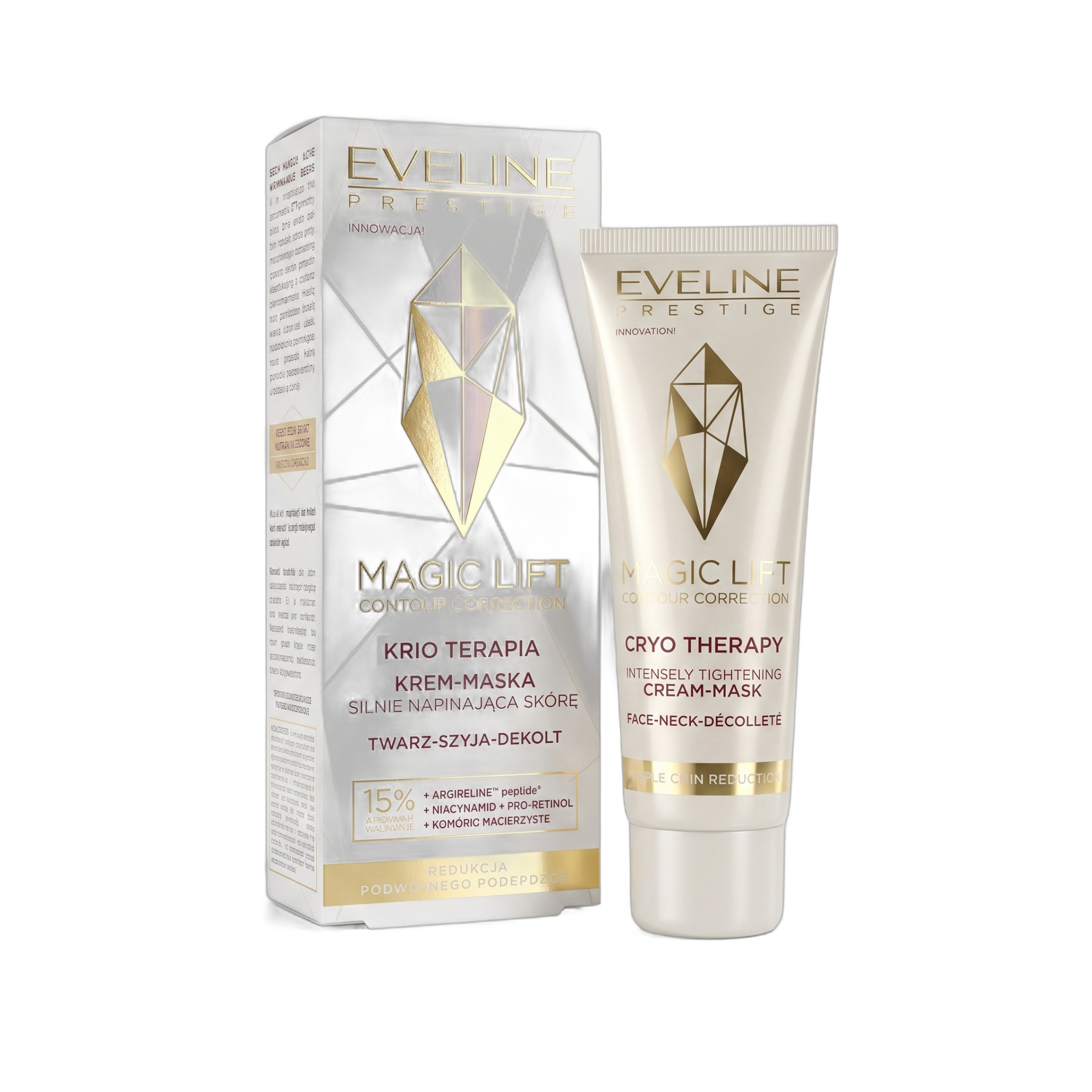 Eveline Prestige Magic Lift Cryo Therapy Cream-Mask – 100ml | Ref.039372 Creme facial Eveline Prestige Magic Lift em embalagem branca com texto dourado e vermelho.