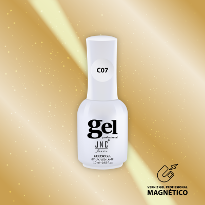 Frasco de verniz gel profissional branco com etiqueta C07 e fundo dourado brilhante