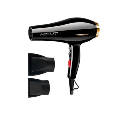 Secador de cabelo preto com duas bocas de ventilação pretas e detalhes dourados
