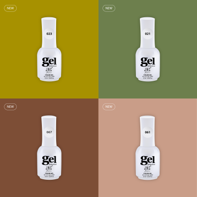 Quatro frascos de verniz gel branco com números e textos em fundos coloridos