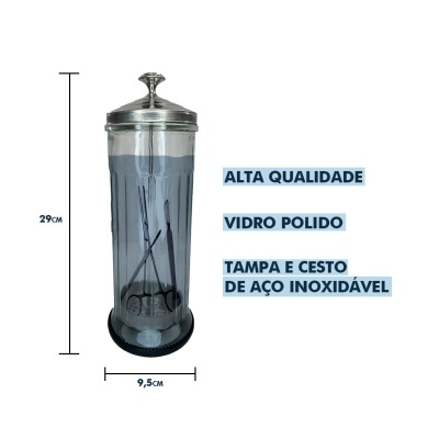 Recipiente de vidro polido com tampa e cesta em aço inoxidável