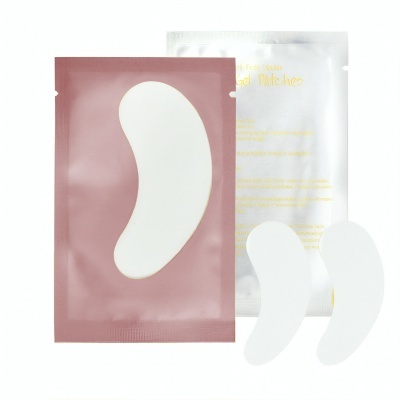Máscaras de hidrogel em embalagens plásticas rosa e prata com texto amarelo