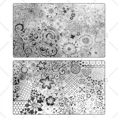 Dois tapetes retangulares decorativos com padrões florais e geométricos em preto e branco