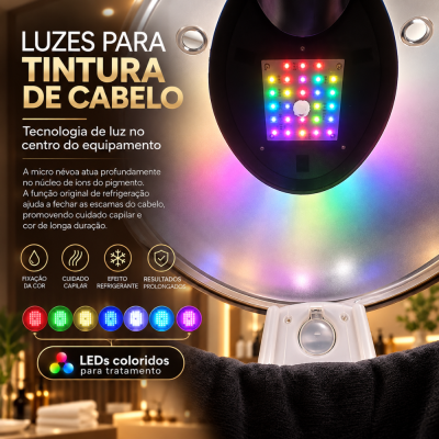 Equipamento com luzes LED coloridas para tratamento de tintura de cabelo com texto informativo.