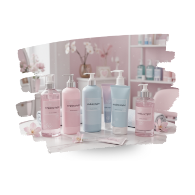 Produtos de higiene e beleza em embalagens rosa e azul sobre bancada branca