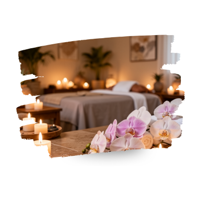 Cama de massagem com velas e orquídeas em ambiente tranquilo para spa