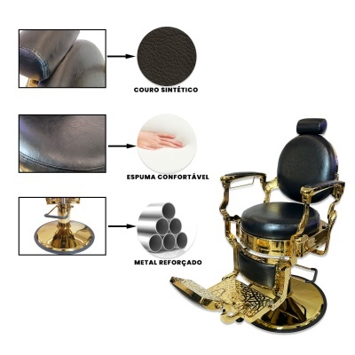 Cadeira de barbeiro preta com estrutura dourada e espuma confortável