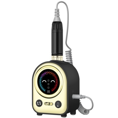 Dispositivo eletrónico preto e dourado com visor colorido e cabos