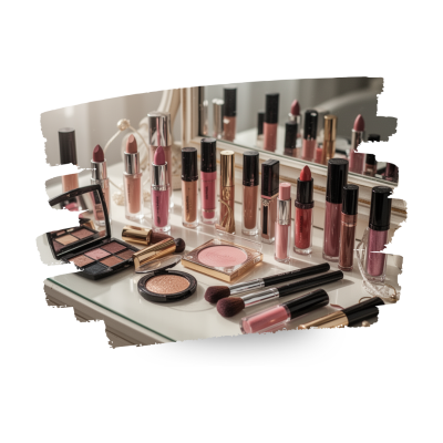 Produtos de maquilhagem variados sobre mesa com espelho