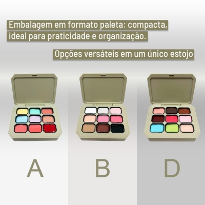 Três paletas de maquilhagem abertas com várias cores, rotuladas A, B e D, fundo branco com texto em português