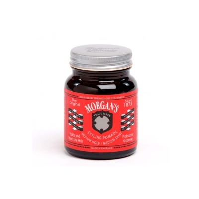 Frasco de pomada Morgan's com rótulo vermelho e tampa prateada