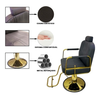 Cadeira de cabeleireiro preta com detalhes dourados