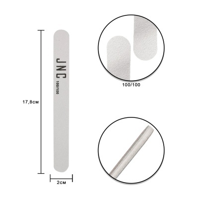 Lima de unhas cinza com texto JNR 100/100, mostrando textura e medidas
