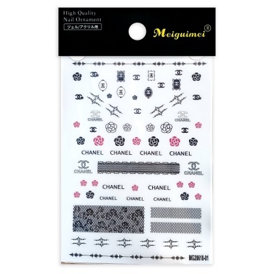 Folha de autocolantes para unhas com logos e textos Chanel, design em preto, rosa e branco