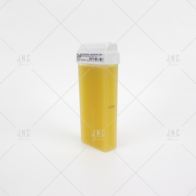 Recipiente plástico amarelo com tampa branca e rótulo.