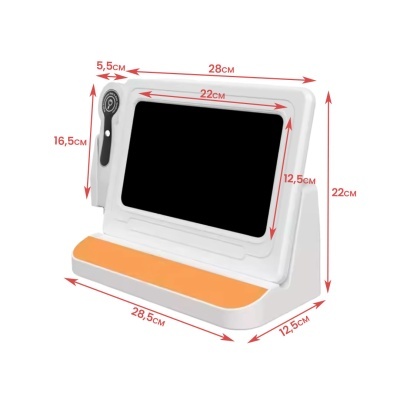 Suporte branco com base laranja para tablet com dimensões em centímetros indicadas