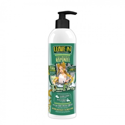 Frasco branco leave-in profissional Rapunzel Dona Flor com tampa de bomba preta e etiqueta verde amarelo