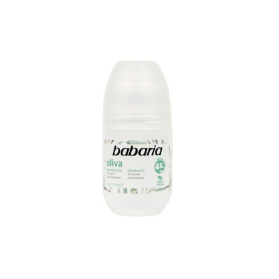 Desodorizante roll-on Babaria branco com tampa translúcida e etiqueta verde e preta