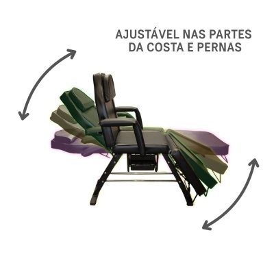 Cadeira reclinável preta ajustável nas partes da costa e pernas