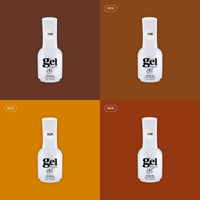 Quatro frascos de verniz gel JNC com números 139, 138, 029 e 136 sobre fundos coloridos