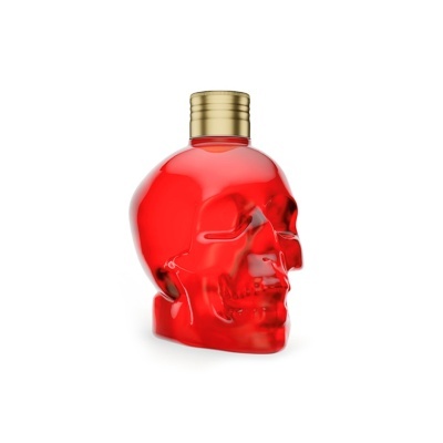 Garrafa de vidro vermelha em forma de caveira com tampa dourada