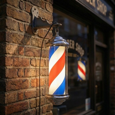 Luz de barbearia em espiral vermelho, branco e azul montada numa parede de tijolos