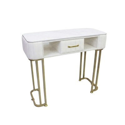 Mesa de apoio branca com gaveta central e pernas douradas