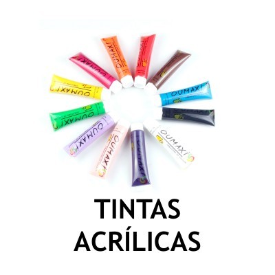 Tubes coloridos de tinta acrílica dispostos em círculo com texto TINTAS ACRÍLICAS