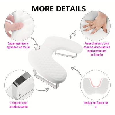 Almofada ergonómica branca em forma de U com suporte metálico antiderrapante
