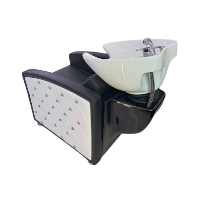 Lavatório de cabeleireiro preto e branco com cuba e torneira