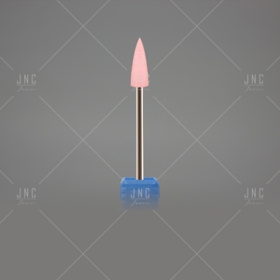 Ferramenta de polimento com ponta rosa e base azul sobre fundo cinzento