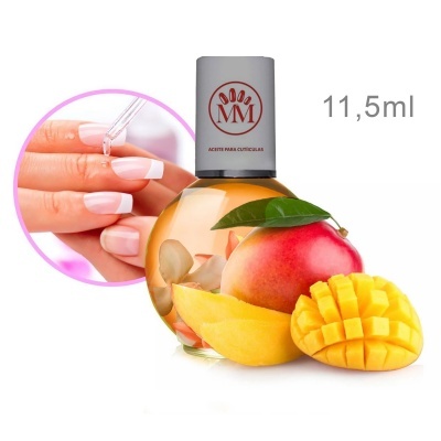 Frasco de óleo para cutículas com imagens de manga e mãos a aplicar o produto