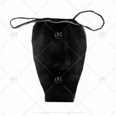 Cueca tanga preta com tiras finas elásticas sobre fundo branco