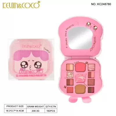 Paleta de maquilhagem rosa KEVIN&COCO com 11 cores e espelho