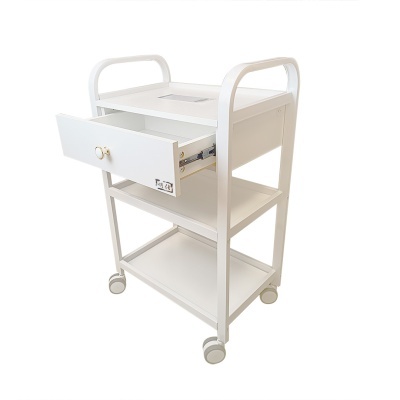 Carrinho de metal branco com gaveta e rodas