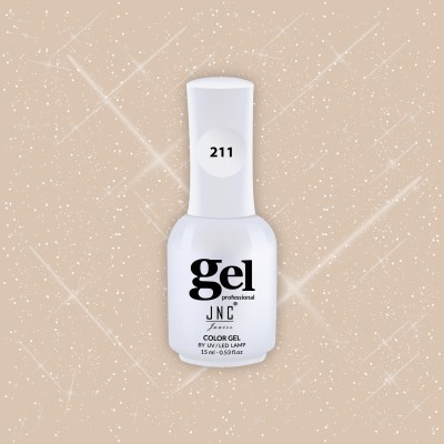 Frasco branco de verniz gel professional JNC com o número 211 sobre fundo bege com brilho e glitter