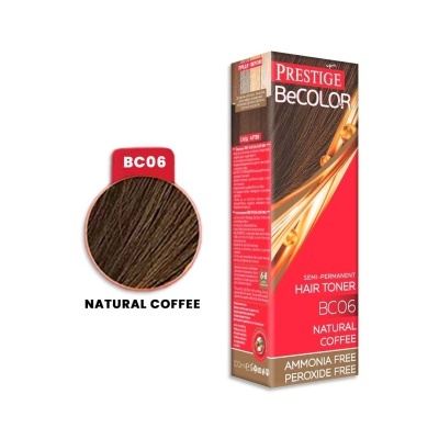 Embalagem de toner capilar Prestige BeColor BC06 Natural Coffee com amostras da cor de cabelo