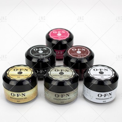 Seis frascos de gel para desenho de fio O·F·N coloridos com tampas pretas sobre fundo branco