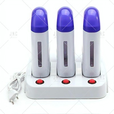 Três depiladores elétricos brancos com tampas roxas numa base de carregamento branca com botões vermelhos.