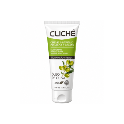 Creme nutritivo de mãos e unhas Cliché em tubo branco com rótulo verde e preto e imagem de azeitonas